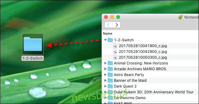 Przeciągnij i upuść pliki zrzutów ekranu Nintendo Switch z Android File Transfer na pulpit komputera Mac.