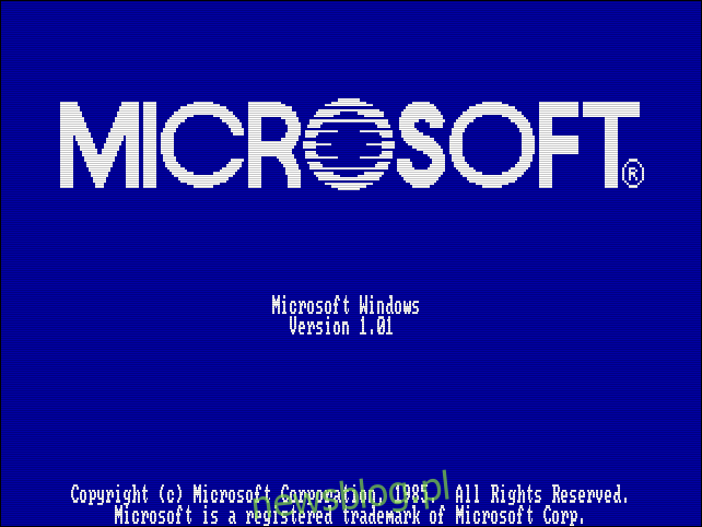 Logo Microsoft Windows 1.01 na starym komputerze.