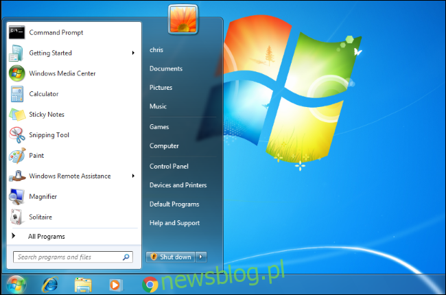 Menu Start otwiera się na pulpicie systemu Windows 7.