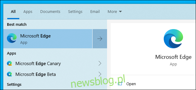 Otwieranie nowej przeglądarki Microsoft Edge opartej na Chromium z menu Start.