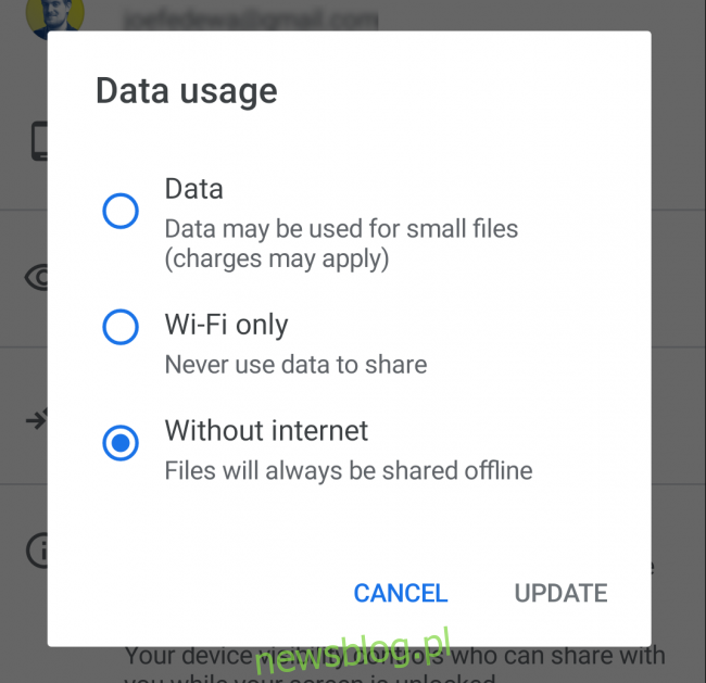 Opcje wykorzystania danych dla funkcji Udostępnij w pobliżu na Androida