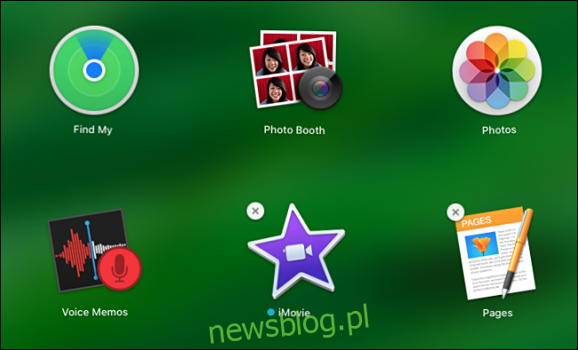 Zrzut ekranu przedstawiający tryb jiggle Launchpad w macOS Catalina