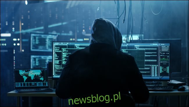 Cienisty haker w bluzie z kapturem siedzący przed komputerem.
