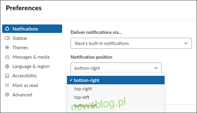 Opcje pozycji powiadomień Slack w systemie Windows 10.