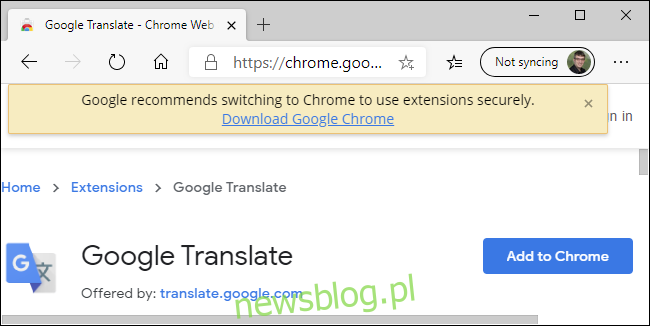 Ostrzeżenie Chrome Web Store dotyczące Edge