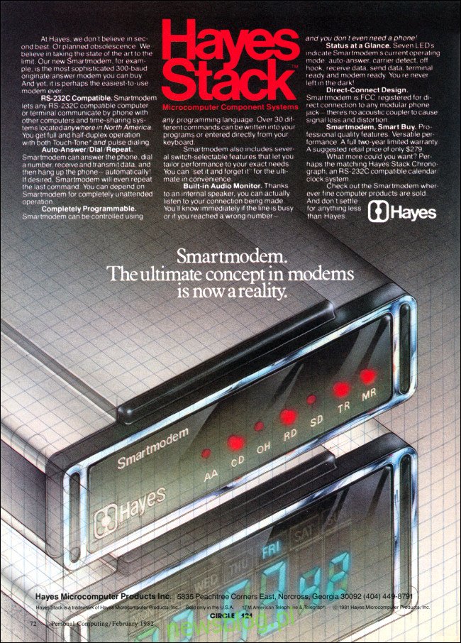Reklama z 1982 roku dla Hayes Stack Smartmodem 300.