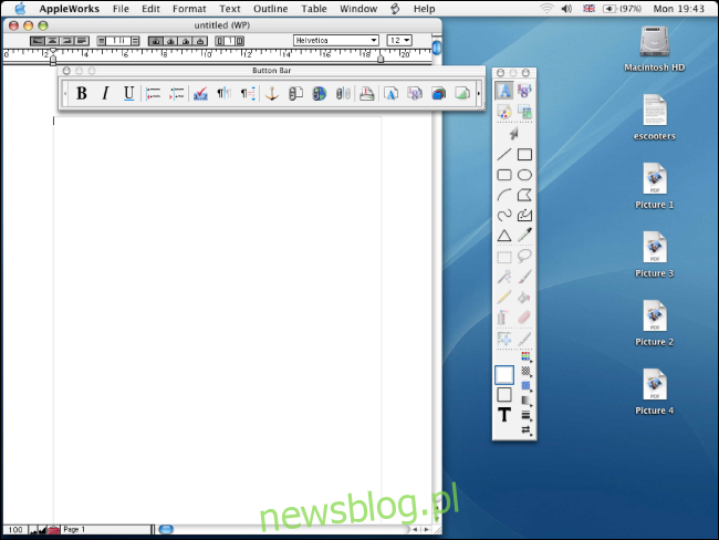 AppleWorks 6.0 działający na starym pulpicie Mac.