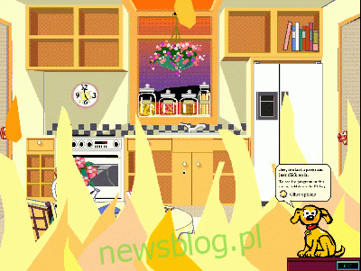 Animowany prezent w postaci płonącego pulpitu kuchennego w Microsoft Bob.