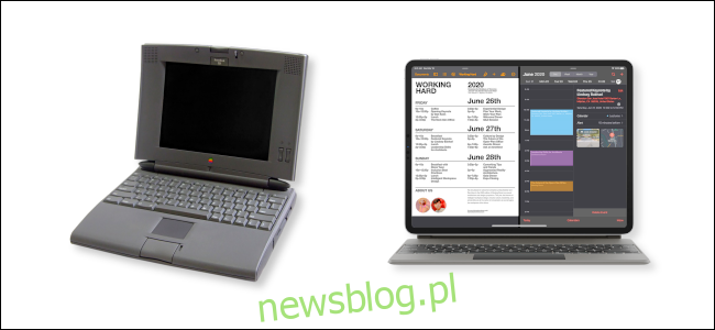 PowerBook 540c obok iPada Pro z magiczną klawiaturą. 