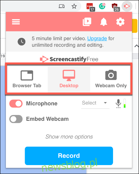 Naciśnij Screencastify i wybierz preferowaną opcję nagrywania