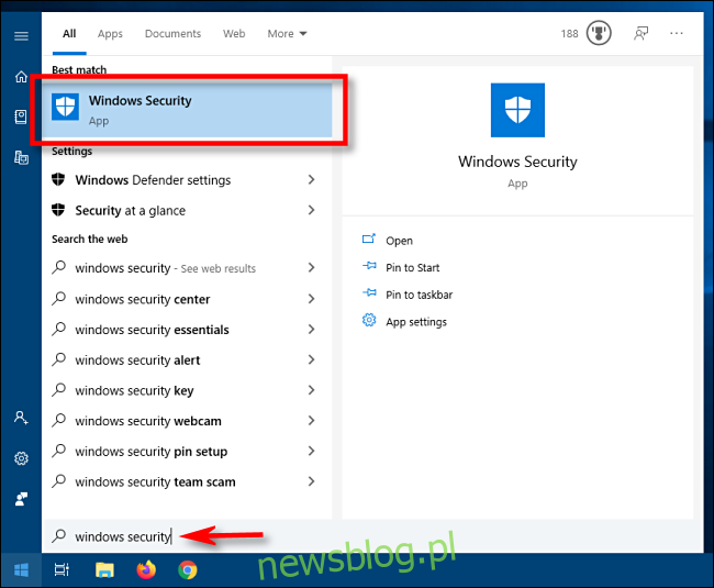 Uruchom Zabezpieczenia systemu Windows z menu Start w systemie Windows 10