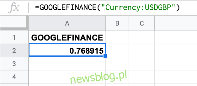 Funkcja GOOGLEFINANCE w Arkuszach Google, podająca kurs wymiany USD na GBP