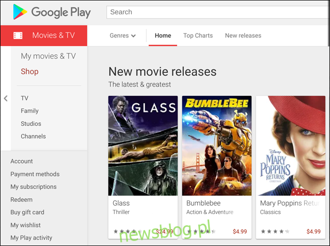 Znajoma strona powitalna w sklepie Google Play Movies