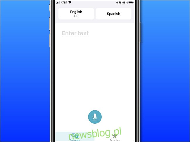 Podstawowy ekran wprowadzania Apple Translate na iPhonie