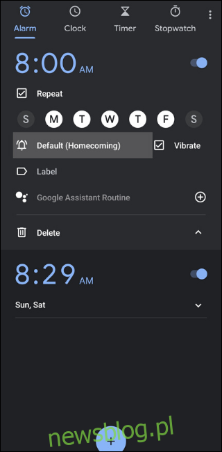Ustawienia alarmu zegara Google