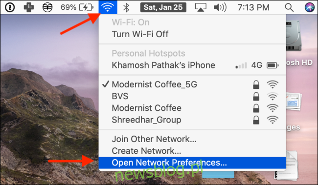 Kliknij opcję Otwórz preferencje sieciowe w menu paska menu W-Fi