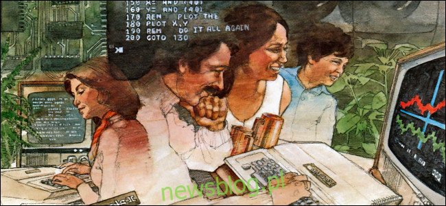 Ilustracja osób używających komputerów Apple II z platformy 