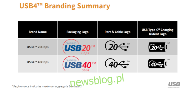 Tabela schematów nazewnictwa i marki wersji USB4. 
