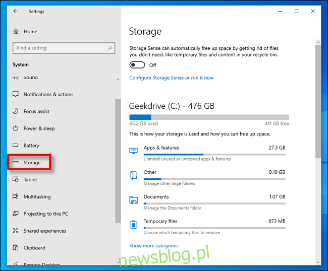 Kliknij opcję Pamięć w ustawieniach systemu Windows 10