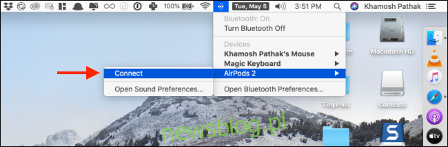 Kliknij Połącz z menu AirPods w Bluetooth