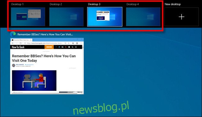 Ekran widoku zadań systemu Windows 10, który wyświetla wirtualne pulpity