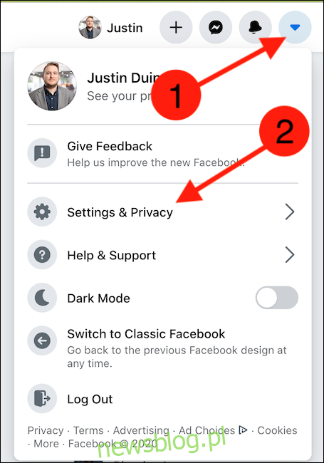 Otwórz witrynę Facebooka, kliknij ikonę menu rozwijanego, a następnie wybierz 