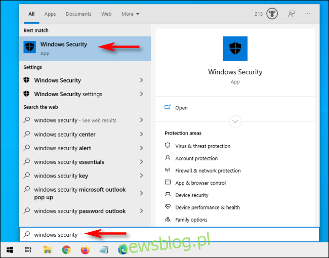 Otwórz Start i wpisz Zabezpieczenia Windows w systemie Windows 10