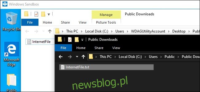 Eksplorator Windows Sandbox i Eksplorator systemu hosta pokazujący udostępniony plik