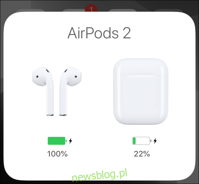 Panel połączeń AirPods pokazujący informacje o baterii w iPhonie