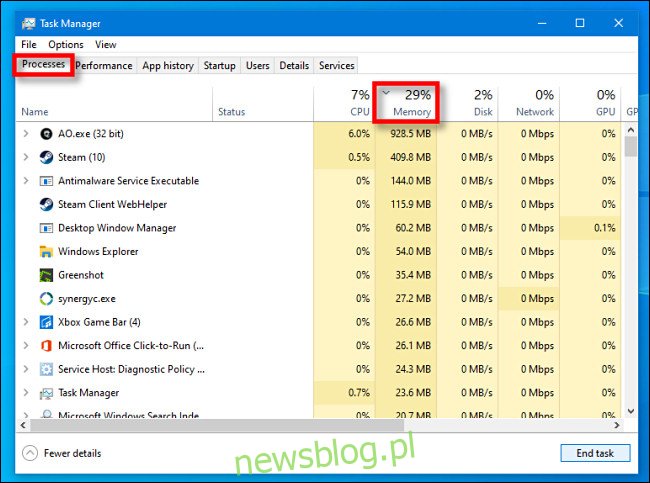 W Menedżerze zadań dla Windows 10 kliknij plik 
