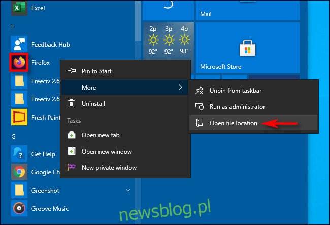 Znajdowanie lokalizacji skrótu do aplikacji za pomocą menu Start w systemie Windows 10