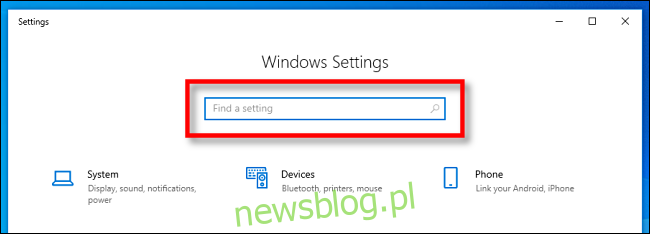 Znajdź pasek wyszukiwania ustawień systemu Windows w systemie Windows 10.