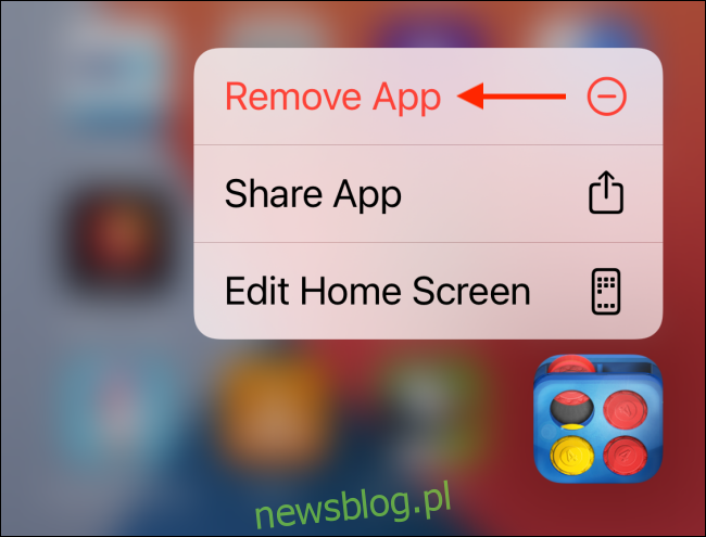 Stuknij Usuń aplikację w menu aplikacji