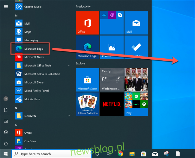 Przeciągnij i upuść pozycję menu Start dla Microsoft Edge na pulpit, aby utworzyć nowy skrót