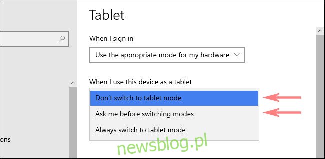 W ustawieniach tabletu z systemem Windows 10 wybierz opcję z menu rozwijanego.