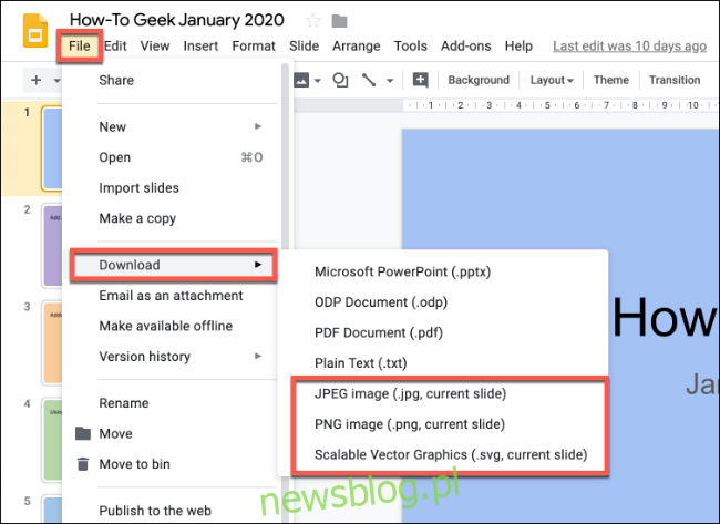 Kliknij Plik> Pobierz w Prezentacjach Google i wybierz format pliku obrazu, aby zapisać pojedynczy slajd jako obraz ”width =” 650 ″ height = ”473 ″ onload =” pagespeed.lazyLoadImages.loadIfVisibleAndMaybeBeacon (this); ”  onerror = ”this.onerror = null; pagespeed.lazyLoadImages.loadIfVisibleAndMaybeBeacon (this);”> </p>
<p> Ten proces zapisze wybrany slajd jako plik obrazu na komputerze, gdzie możesz go edytować lub użyj go ponownie w innym miejscu. </p>
<h2 role =
