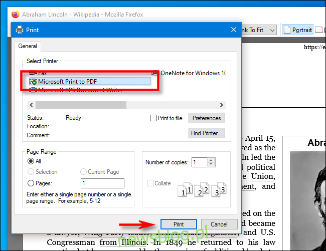 Wybierz opcję Microsoft Print to PDF w przeglądarce Firefox na komputerze PC