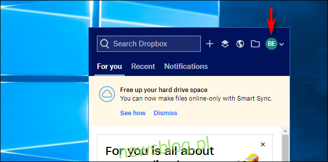 Kliknij Avatar w Dropbox w systemie Windows 10