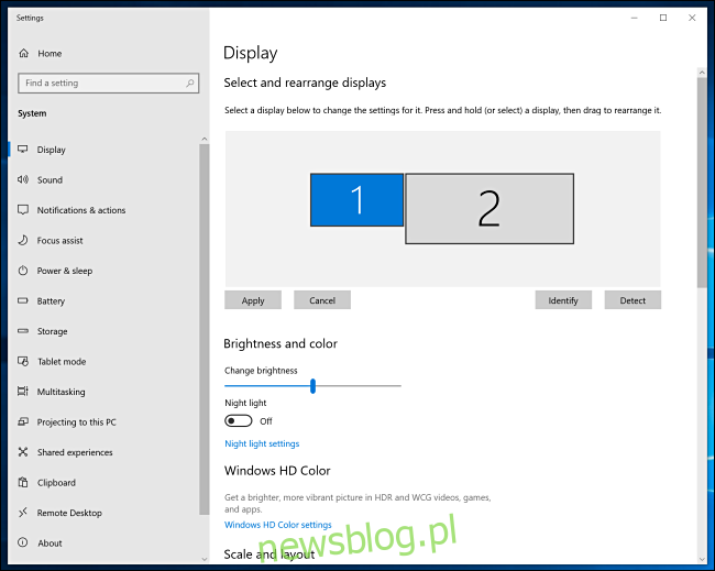 Okno ustawień wyświetlania systemu Windows 10