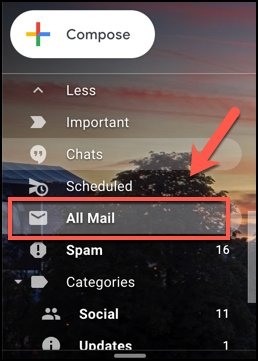 Naciśnij kartę Cała poczta w Gmailu, aby wyświetlić wszystkie e-maile, w tym zarchiwizowane