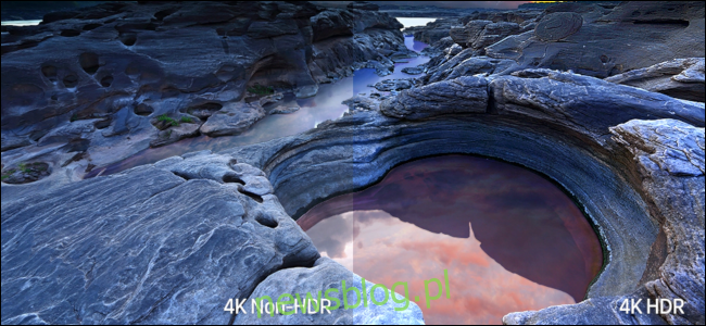 Skalista nadmorska scena pokazująca różnicę w kolorze między 4K non-HDR i 4K HDR.