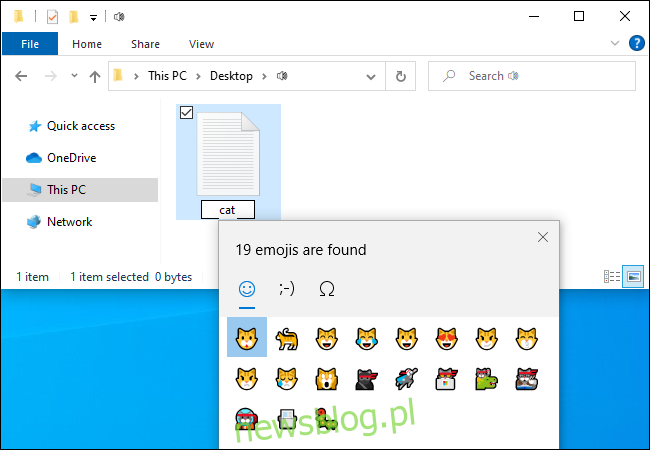 Wyszukiwanie emotikonów kota w systemie Windows 10.