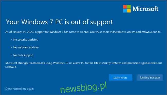 Komunikat dotyczący braku pomocy technicznej na komputerze z systemem Windows 7 od firmy Microsoft.
