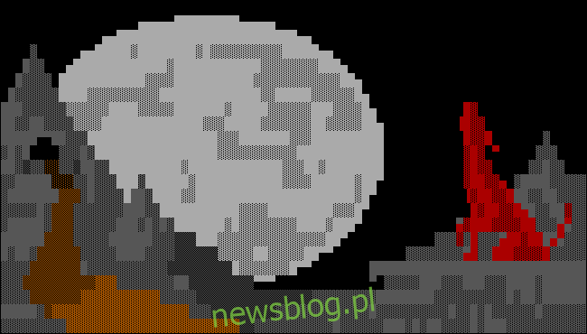 Grafika ANSI z Cave BBS przedstawiająca czerwonego wilka wyjącego do księżyca.