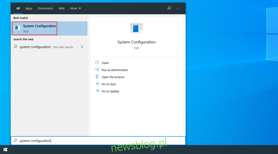 Windows 10 pokazuje, jak uzyskać dostęp do aplikacji Konfiguracja systemu z menu wyszukiwania