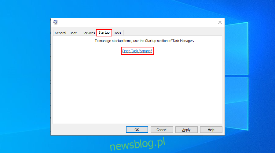 Windows 10 pokazuje, jak otworzyć Menedżera zadań z aplikacji Konfiguracja systemu