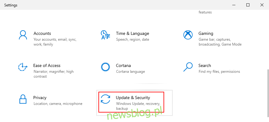Windows 10 pokazuje, jak uzyskać dostęp do ustawień aktualizacji i zabezpieczeń