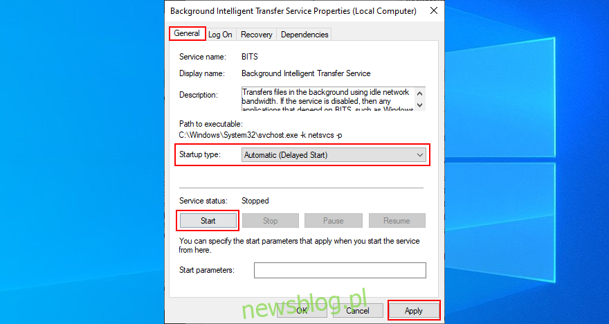 Windows 10 pokazuje, jak zmienić typ uruchamiania usługi inteligentnego transferu w tle