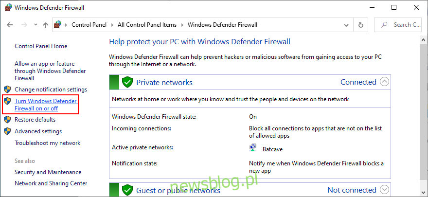 Panel sterowania pokazuje, jak włączyć lub wyłączyć Zaporę systemu Windows Defender