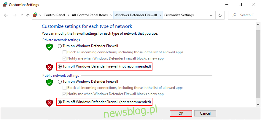 Panel sterowania pokazuje, jak wyłączyć zaporę systemu Windows Defender